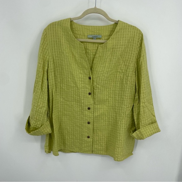 Nurture Shirt Womens Sz M Green Check 3/4 Sleeve Woven Linen Blend Button Up Top - Picture 5 of 8